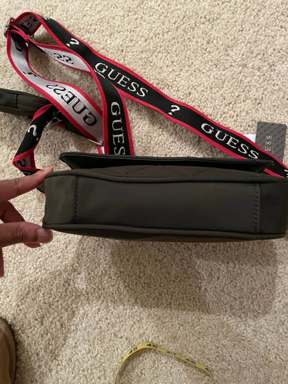 Guess Olive Green Mini Crossbody with Black, Red & White Logo Strap - Picture 11 of 13